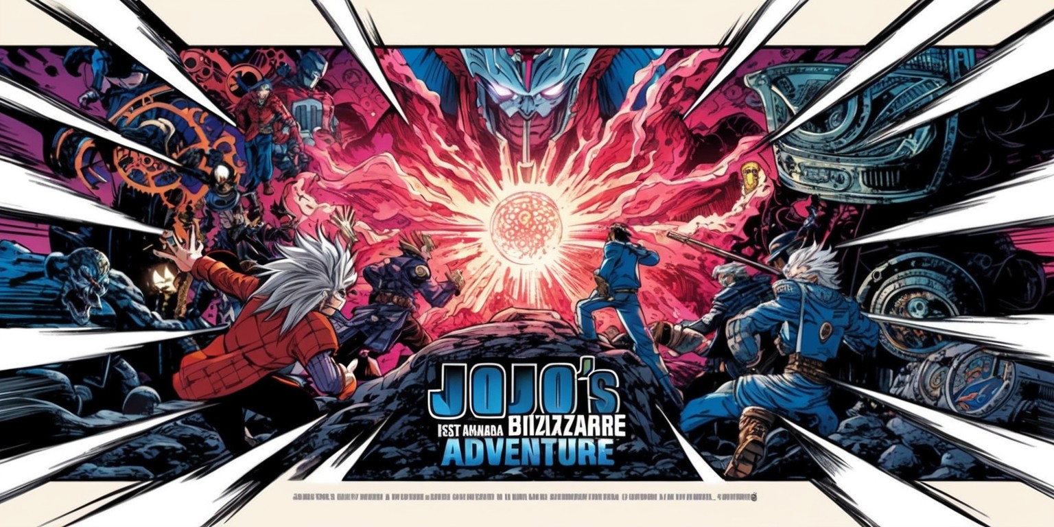 A dynamic illustration inspired by the iconic JoJo's Bizarre Adventure manga series, featuring a vibrant color palette with bold lines, dramatic shading, and intense textures, showcased in a cinematic widescreen format with a mix of Japanese manga and Western comic book influences, possibly depicting a climactic battle scene with intricately designed characters, such as Jotaro Kujo or Dio Brando, surrounded by hypnotic energy auras, mystical artifacts, and eerie atmospheric effects, with bold typography and striking visual compositions that evoke the series' blend of action, horror, and supernatural fantasy.