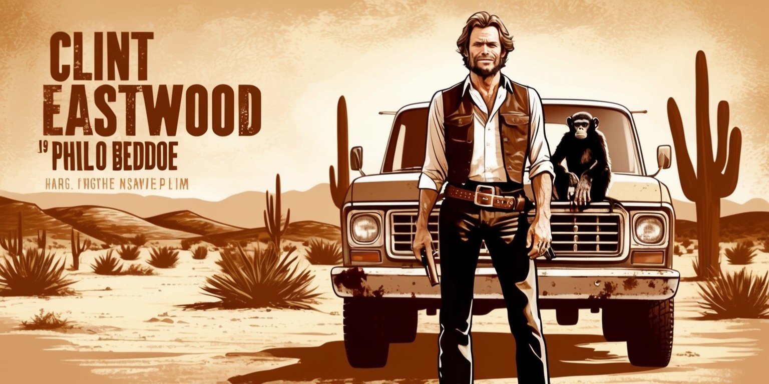 A sepia-toned illustration of Clint Eastwood as Philo Beddoe, a rugged and charismatic bare-knuckle brawler, standing in front of a worn-out truck with a chimpanzee, Clyde, perched on the hood, set against a warm and dusty, sun-drenched American Southwest desert landscape with cacti and rolling hills in the background, evoking a sense of freedom and adventure, with a hint of humor and mischief in the air, capturing the carefree spirit of the 1978 classic film Every Which Way but Loose, with subtle textures and brushstrokes reminiscent of a vintage poster.