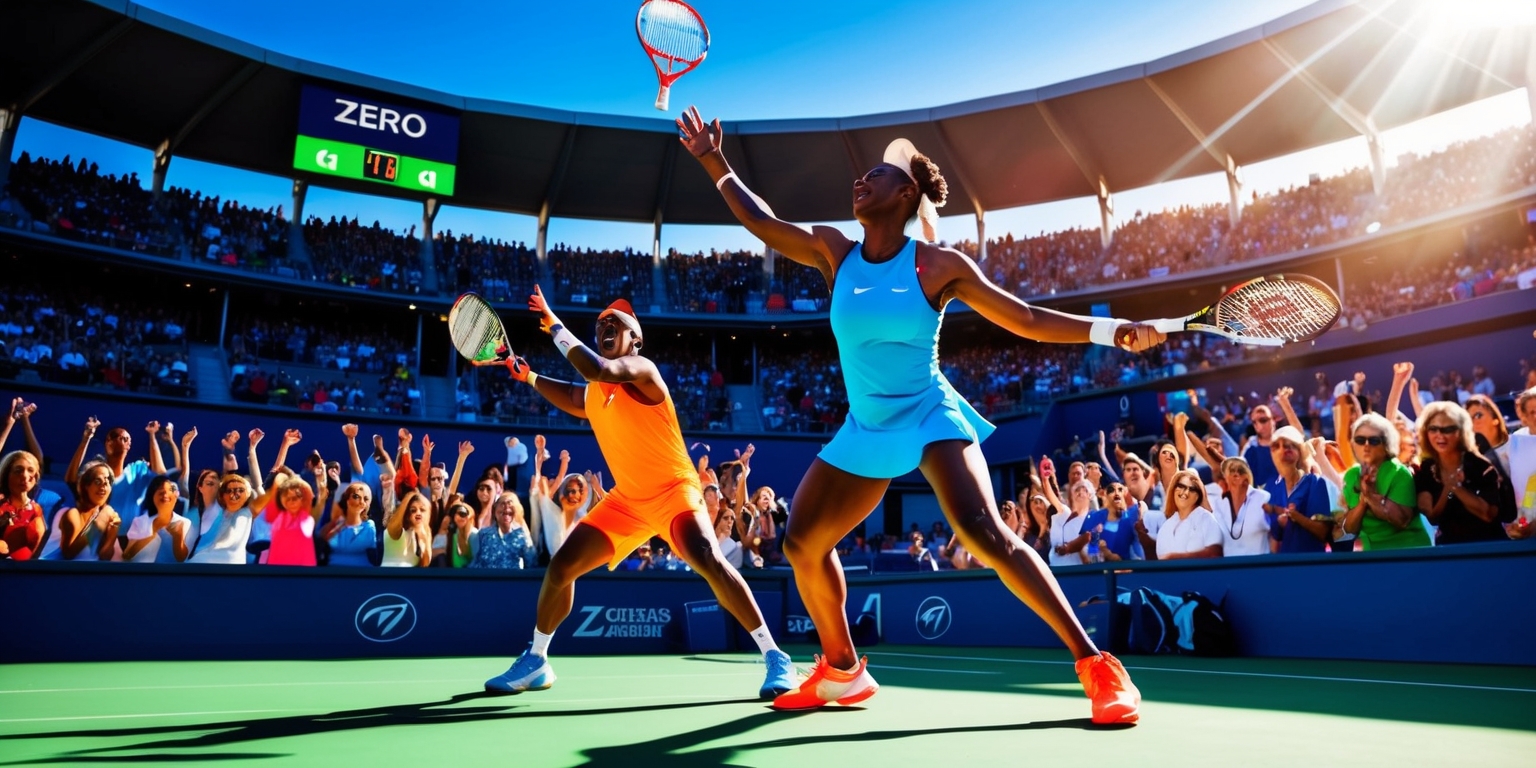 A dramatic tennis match scene in a crowded stadium, the scoreboard displays Zero game, the tennis players are in dynamic poses, one is serving and the other is ready to return, both wearing athletic outfits, one in bright blue and the other in vibrant orange, the sunlight casts long shadows across the green tennis court, the ball is suspended in mid-air, the stadium seats are filled with excited spectators of diverse skin colors and ages, some with their mouths open in cheers, others clenching their fists, the lush green grass and blue skies create a lively atmosphere, the tennis rackets and balls are in sharp focus, with bold lines and vibrant colors, capturing the intense energy of the game.