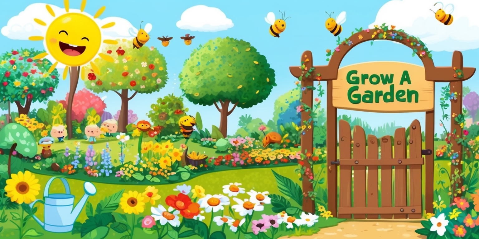 A whimsical digital illustration of the Grow a Garden game, featuring a vibrant and lush garden scene with various colorful flowers, trees, and foliage, set against a soft blue sky with fluffy white clouds, the garden is filled with adorable cartoon-style characters, including a smiling sun with bright yellow rays, a few busy bees flying around, and a gentle watering can, in the foreground, a beautiful wooden garden gate with a welcoming sign that reads Grow a Garden in bold, playful letters, the gate is adorned with climbing vines and flowers, the entire scene is rendered in a mix of warm and cool colors, with soft textures and delicate lines, creating a sense of serenity and wonder.