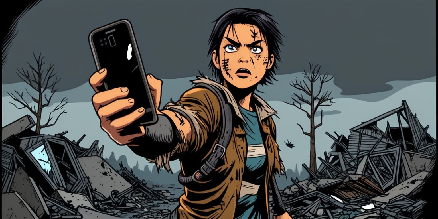 A digital illustration of a post-apocalyptic scene depicting the main character from the Cell Survivor game, set against a dark and ominous background with muted tones of grey and blue, the character's facial features determined and focused, with a mix of curiosity and fear, dressed in tattered clothing and holding a worn-out smartphone, the device emitting a faint glow, with shattered buildings and debris scattered around, a few trees with bare branches standing tall in the distance, the character's skin tone a warm beige, with a few scratches and bruises on their face and arms, the overall style reminiscent of a comic book illustration, with bold lines and vibrant colors, the layout dynamic, with the character placed slightly off-center, and the smartphone held up as if to navigate through the desolate landscape.