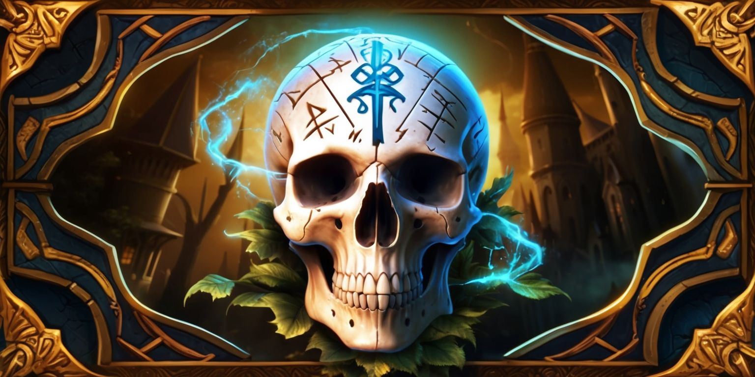 A dark fantasy idle RPG game scene featuring a prominent skull at the center, surrounded by intricate medieval-style borders and adorned with mystical symbols, set against a richly detailed background with warm golden colors and deep shadows, the skull's surface etched with ancient runes that glow softly in a blue ethereal light, with subtle hints of magical energy emanating from it, the overall atmosphere is one of mystique and foreboding, inviting players to engage in the game's world, with a mix of gothic and Victorian-era architectural elements blended seamlessly into the game's landscape, and a user interface that is both elegant and intuitive, featuring bold fonts and striking visual effects that enhance the overall gaming experience.