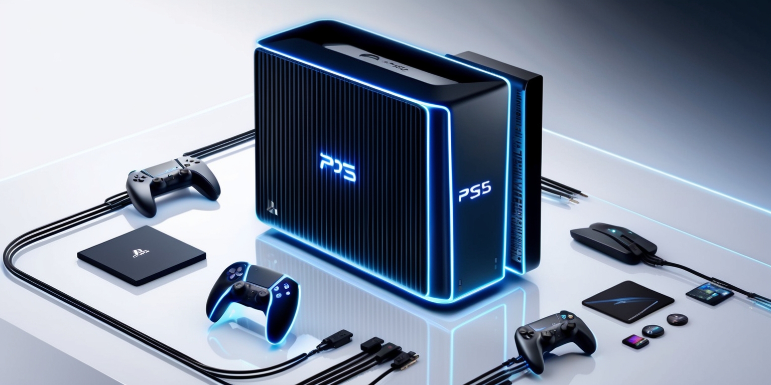 A futuristic, high-tech illustration of a sleek PS5 Pro console positioned on a minimalist, gleaming white background, surrounded by various gaming peripherals and accessories, such as a DualSense controller, a 4K resolution monitor, and a few favorite games, with cables and wires neatly organized and highlighted in a subtle, electric blue glow, evoking a sense of advanced technology and premium gaming experience, with the console's fins and vents visible, and its LED lights softly pulsing in a mesmerizing pattern, while the background subtly transitions into a blurred, gradient-like effect, suggesting a focus on the console's capabilities, with the overall aesthetic exuding a sense of sophistication, modernity, and cutting-edge innovation.