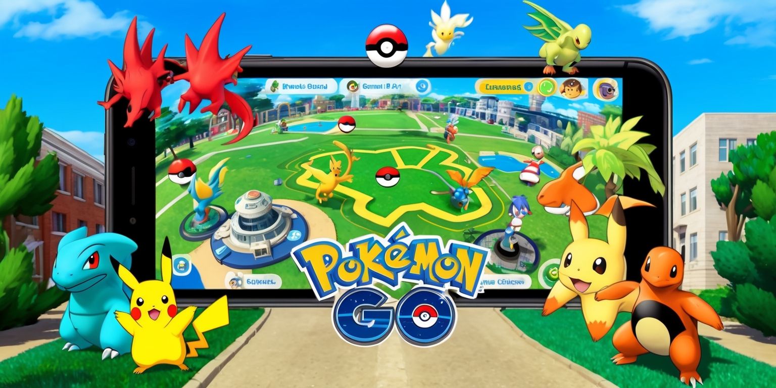 A vibrant and detailed illustration of the Pokémon Go game, featuring a mix of popular Pokémon characters such as Pikachu, Charizard, and Blastoise, set against a visually appealing backdrop of a virtual map on a smartphone screen, with various in-game elements like PokéStops, Gyms, and avatars of players with diverse facial features and skin colors, surrounded by lush green trees, buildings, and a clear blue sky, incorporating a range of colors including red, blue, yellow, and green, with the game's logo prominently displayed in a bold, modern font, and the overall style exuding a sense of adventure, fun, and excitement, with the layout and framing carefully balanced to convey the immersive and interactive nature of the game.