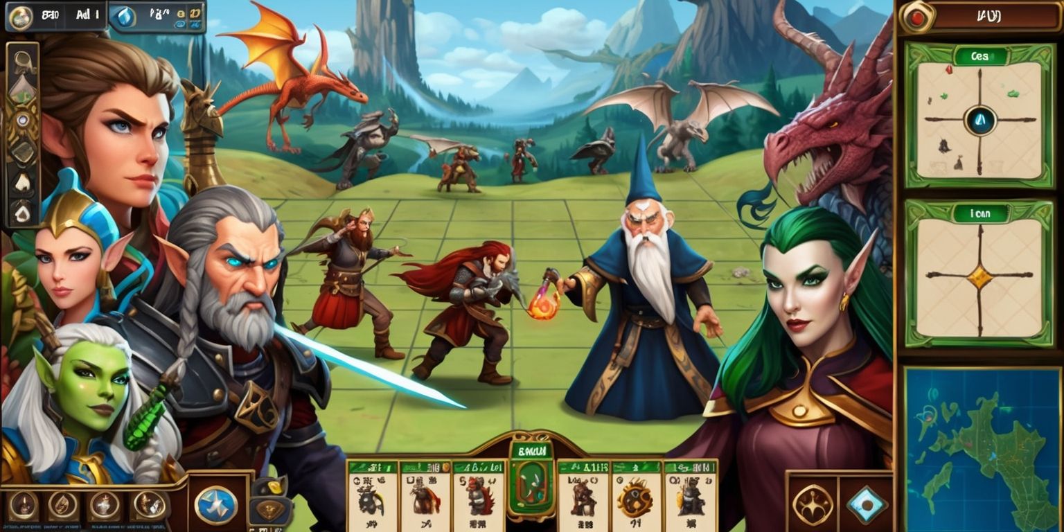 A detailed digital illustration of a strategic RPG game scene, set in a medieval fantasy world with a grid-based landscape, featuring a mix of magical and mythical creatures, such as dragons, elves, and orcs, with various characters showcasing unique facial features, skin tones, and clothing, including a brave warrior with a strong jawline and piercing blue eyes, a wise old wizard with a long white beard and spectacles, and a mysterious sorceress with pale skin and piercing green eyes, all engaged in a tactical battle, with rolling hills, towering mountains, and ancient forests in the background, incorporating a rich color palette with shades of green, blue, and earthy tones, and a user interface with a sleek, modern design, displaying character stats, maps, and inventory, with bold, golden fonts and intricate, celtic-inspired patterns.