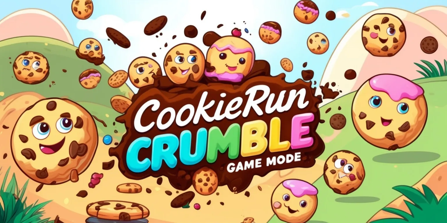 A colorful digital illustration of the popular CookieRun game, specifically showcasing the Crumble game mode, with vibrant pastel colors and bold lines, featuring a variety of cookie characters with distinct facial features and expressions, set against a soft-focus background with gentle hills and rounded obstacles, the cookies are designed with intricate details and textures, with some cookies having creamy fillings and crunchy toppings, the overall style is playful and whimsical with dynamic typography and visual effects, the composition is busy and energetic with cookies scattered throughout the scene, some cookies are jumping or rolling in mid-air, while others are standing or sitting on the ground, the atmosphere is lively and adventurous with a sense of excitement and competition.