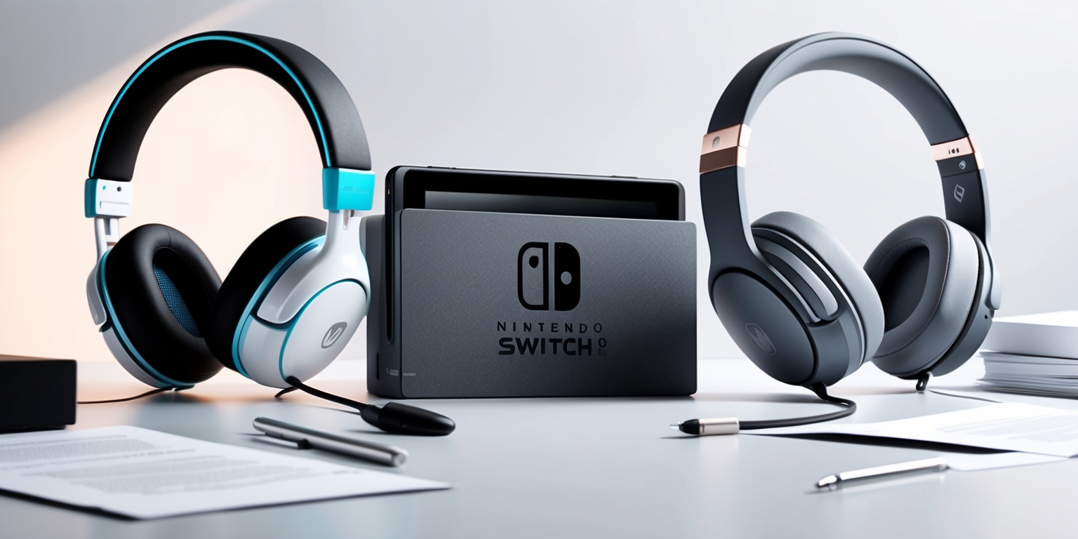 A minimalist, modern desktop setup featuring a sleek, silver Nintendo Switch 2 console at its center, surrounded by two headsets of differing designs, one in a sleek, high-gloss white and the other in a matte, dark grey finish, both adorned with subtle, neon-blue accents, with their respective cables and connectors neatly organized, against a clean, light grey background, with a few scattered sheets of paper and a sleek, silver pen scattered around, hinting at a review or article in progress, with a shallow depth of field, blurring the background, and a soft, warm lighting that accentuates the curves and lines of the console and headsets, with a hint of subtle, geometric shadows.
