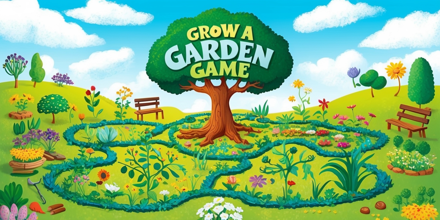 A vibrant and whimsical illustration of a garden setting with various plants, flowers, and trees, set against a bright blue sky with fluffy white clouds, in the style of a board game, featuring rolling hills, winding pathways, and a few garden benches, with a large tree in the center, its branches stretching out to form the framework of the game board, the title Grow a Garden game written in bold, curly letters in a mix of green and blue hues, with a few gardening tools and seeds scattered around the edges, and a sense of growth and abundance emanating from the scene, with the overall aesthetic being colorful, lively, and inviting, and the mood being one of serenity and joy.