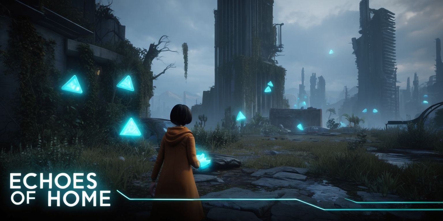 A futuristic video game scene from Echoes of Home, with a richly detailed environment, featuring a player character navigating through a abandoned cityscape with crumbling skyscrapers and overgrown vegetation, collecting Read Earth Memories relics that glow with a soft blue light, as they solve puzzles and uncover narrative fragments of a bygone era, with a hint of nostalgia and mystery, set against a backdrop of a dystopian yet mesmerizing landscape, with a color palette of muted blues and greys, and subtle neon accents, and a sense of depth and atmosphere, with the player character's face obscured, and their skin tone a warm brown, with a determined expression, and a few strands of dark hair visible, as they interact with the environment, with the game's logo and title displayed in a sleek, modern font, with a metallic sheen, and a subtle glow effect.