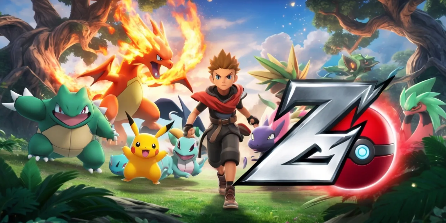 A vivid, action-packed scene from the Pokémon Legends: Z-A game, featuring a mix of vibrant, earthy tones and VFX, with the game's protagonist, a young, determined trainer with short, spiky hair and a warm, golden-brown complexion, standing heroically in the center, surrounded by a diverse group of Pokémon, including a majestic, flame-engulfed Charizard, a swift, emerald-green Sceptile, and a mysterious, shadowy Greninja, all set against a stunning, panoramic backdrop of a lush, tropical forest, with ancient, gnarled trees, twinkling fireflies, and a radiant, sunset-inspired sky, as the game's logo, a bold, metallic, silver letter Z and A, overlaid with a stylized, crimson-red Poké Ball, emerges prominently in the foreground.