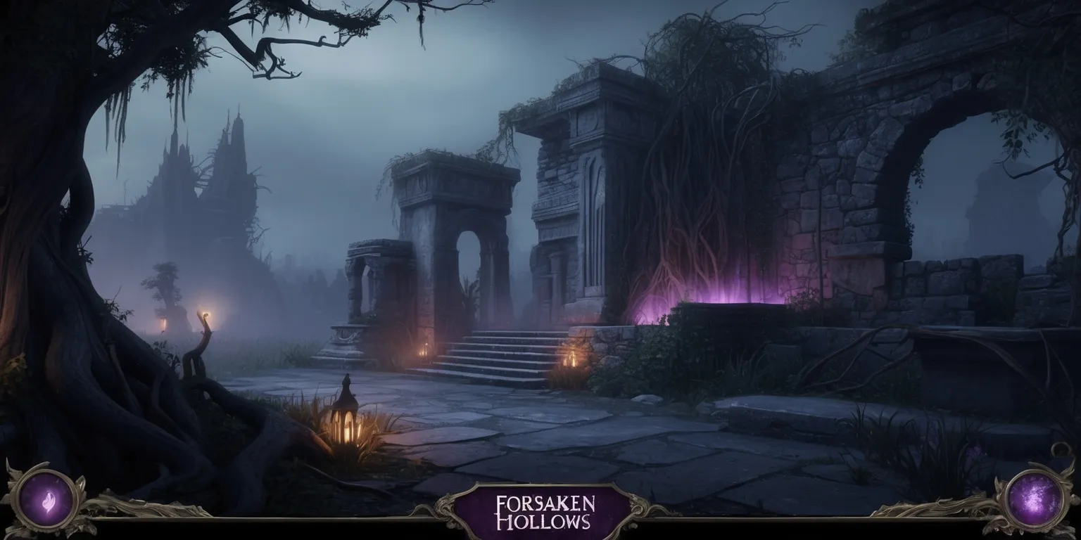 A dark fantasy video game scene from Forsaken Hollows DLC, set in a mystical realm with ancient ruins, overgrown vegetation, and eerie mist, featuring a haunting atmosphere with muted colors, predominantly shades of indigo, purple, and grey, with accents of faint, flickering torchlight, and a sense of abandonment and decay, as if the environment has been reclaimed by nature, with intricate details on crumbling stone structures, twisted tree roots, and mysterious artifacts, and a faint, glowing aura emanating from the surroundings, conveying a sense of foreboding and mystery.