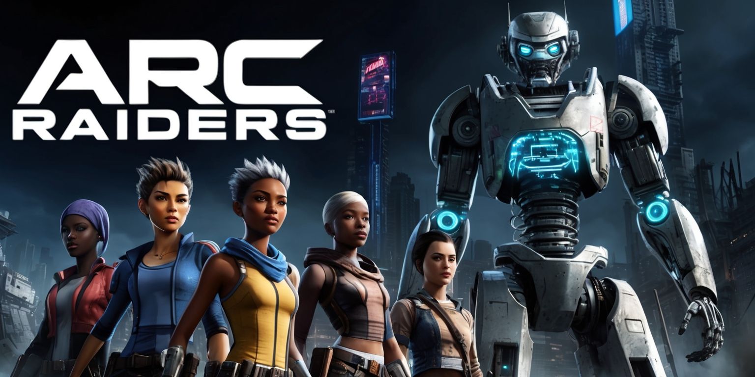 A futuristic sci-fi scene from the Arc Raiders game, featuring a group of characters with diverse facial features and skin colors, including a female protagonist with short, spiky hair and a determined expression, standing alongside a tall, imposing robot with metallic limbs and glowing blue circuits, set against a backdrop of a ruined, dystopian cityscape with crumbling skyscrapers and neon-lit advertisements, with a predominantly dark and moody color palette, and the game's logo emblazoned in bold, silver letters across the top of the image, with sleek, futuristic typography and sharp, geometric lines.