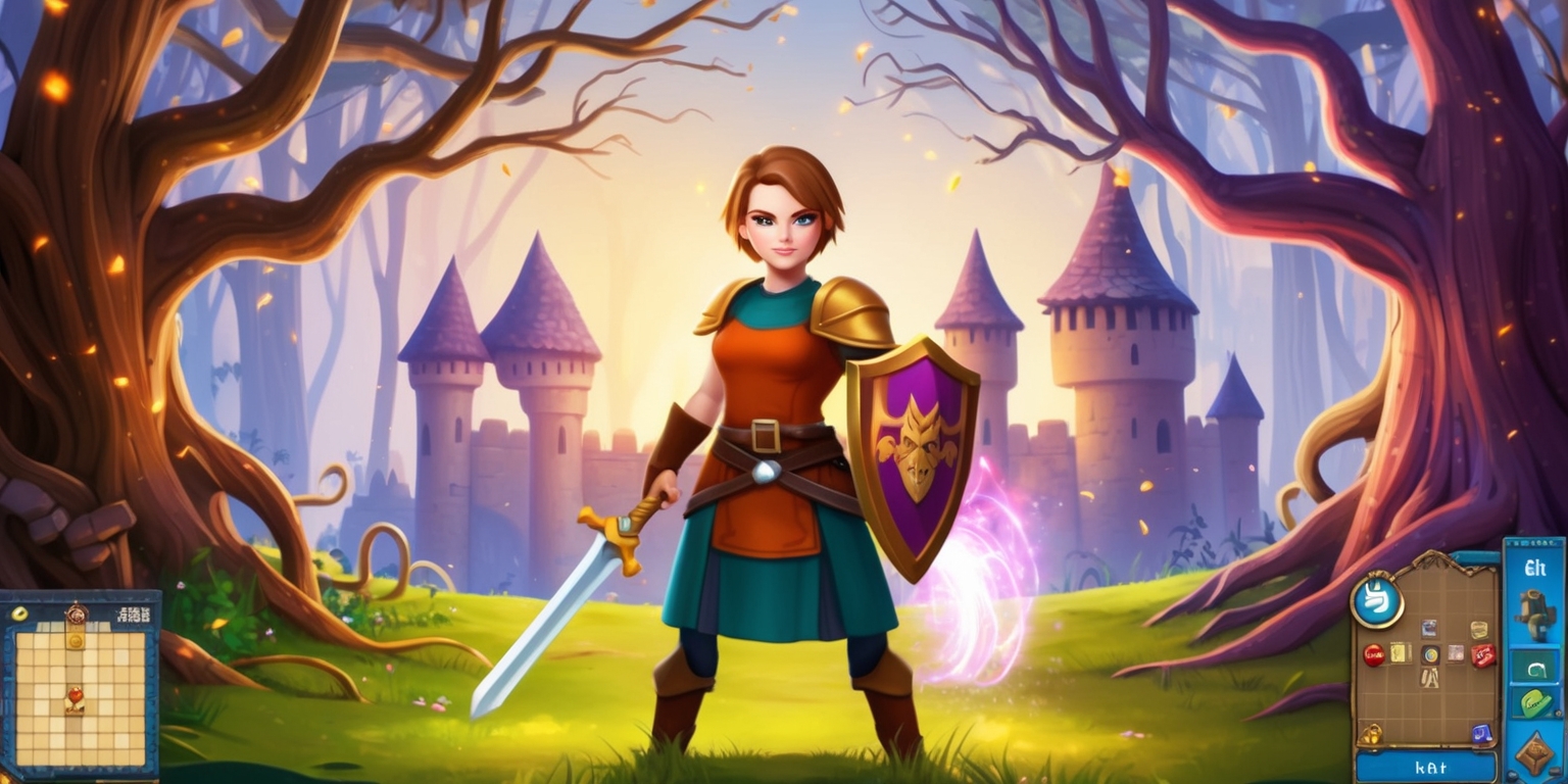 A vibrant digital illustration of a turn-based fantasy RPG game scene, featuring a heroic warrior with a strong jawline and determined expression, fair skin, and short brown hair, standing in the center of a mystical forest, surrounded by ancient trees with gnarled branches and twinkling fireflies, with a medieval-style stone castle in the background, and a faint glow of magical aura emanating from the warrior's sword, with a bold, serif font displaying the game's logo, and a user interface with a mix of modern and medieval elements, including a grid-based battlefield, character stats, and a timeline tracker, all set against a warm, sunset-inspired color palette with shades of orange, pink, and purple.