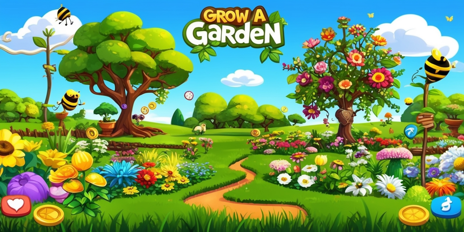 A colorful digital illustration of a whimsical garden scene for the Grow a Garden game, featuring vibrant green grass, diverse blooming flowers of various shapes and sizes, and lush trees with sprawling branches, set against a clear blue sky with fluffy white clouds, with several gaming elements integrated into the landscape, such as coins, rewards, and navigation paths, and possibly including a few friendly cartoon characters, like bees, butterflies, or smiling garden gnomes, with bold lines, intricate details, and a mix of warm and cool colors, all carefully composed to fit a horizontal layout with ample negative space to accommodate game menus and buttons.