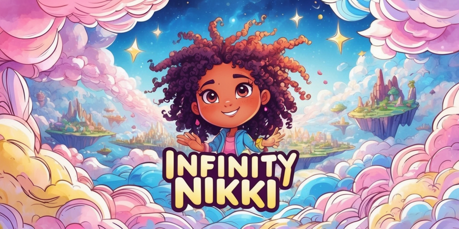 A vibrant, whimsical illustration of the Infinity Nikki game, featuring the protagonist Nikki surrounded by swirling clouds, stars, and floating islands, with a majestic, dreamy landscape unfolding in the background, blending watercolor and digital media styles, with soft, pastel hues of pink, blue, and yellow, and bold, expressive lines, capturing the sense of wonder and adventure in this fantasy world, with Nikki's bright, curious eyes and wild, curly hair taking center stage, amidst a sea of intricate, hand-drawn details, and perhaps a few subtle, shimmering effects to convey the infinite possibilities of this enchanted realm.