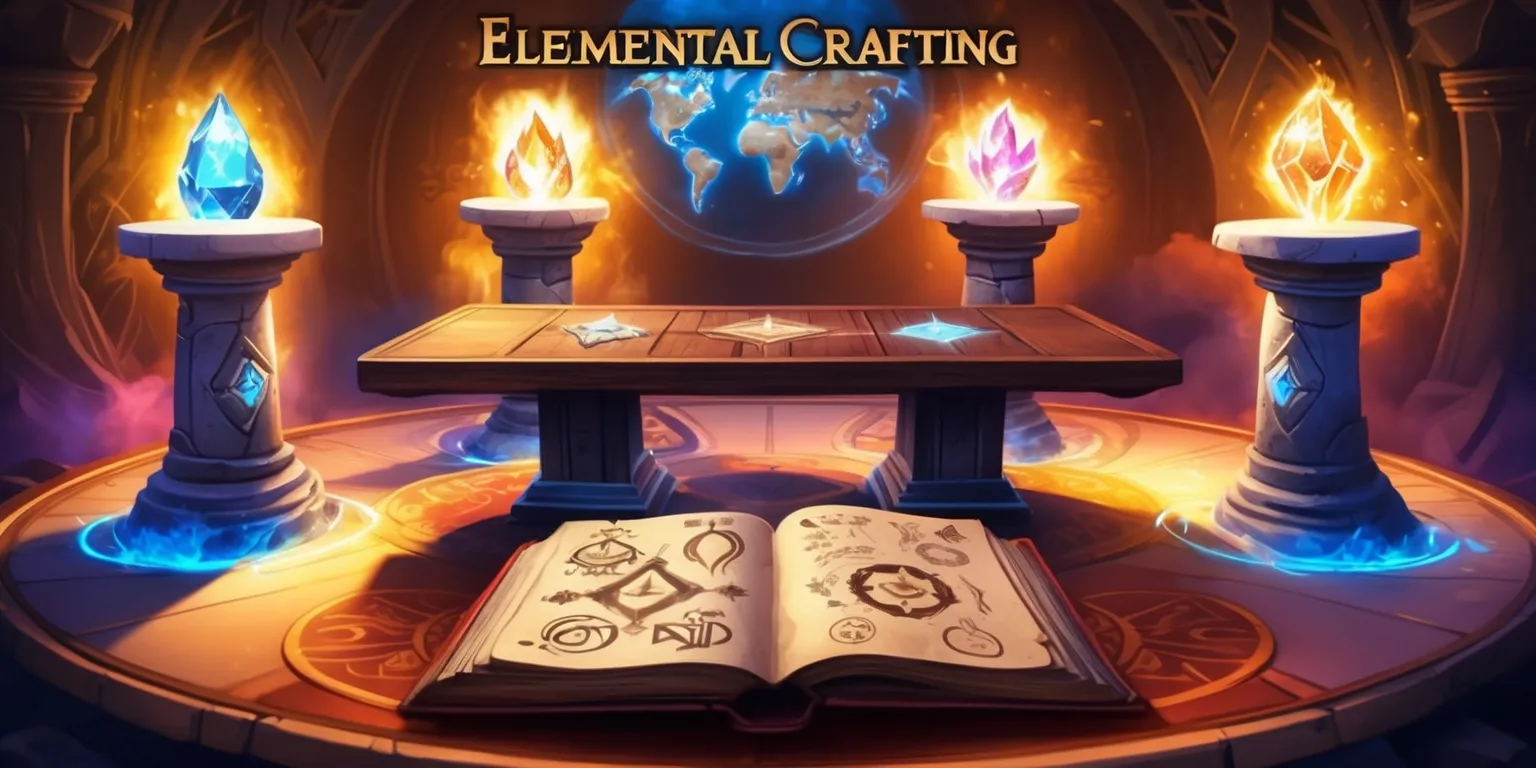 A futuristic fantasy themed illustration of a strategy game featuring elemental crafting, with a large wooden table in the center of a dimly lit mystical chamber, surrounded by four stone pedestals representing earth, air, fire, and water, each pedestal having a glowing elemental crystal, and a large leather-bound book lying open on the table with intricate drawings of magical symbols and runes, the atmosphere is filled with a warm golden light, and the overall style is a mix of medieval and modern digital art, with a focus on vibrant colors and dynamic lighting, and in the background, a hint of a world map with mystical energies and elemental forces at play.