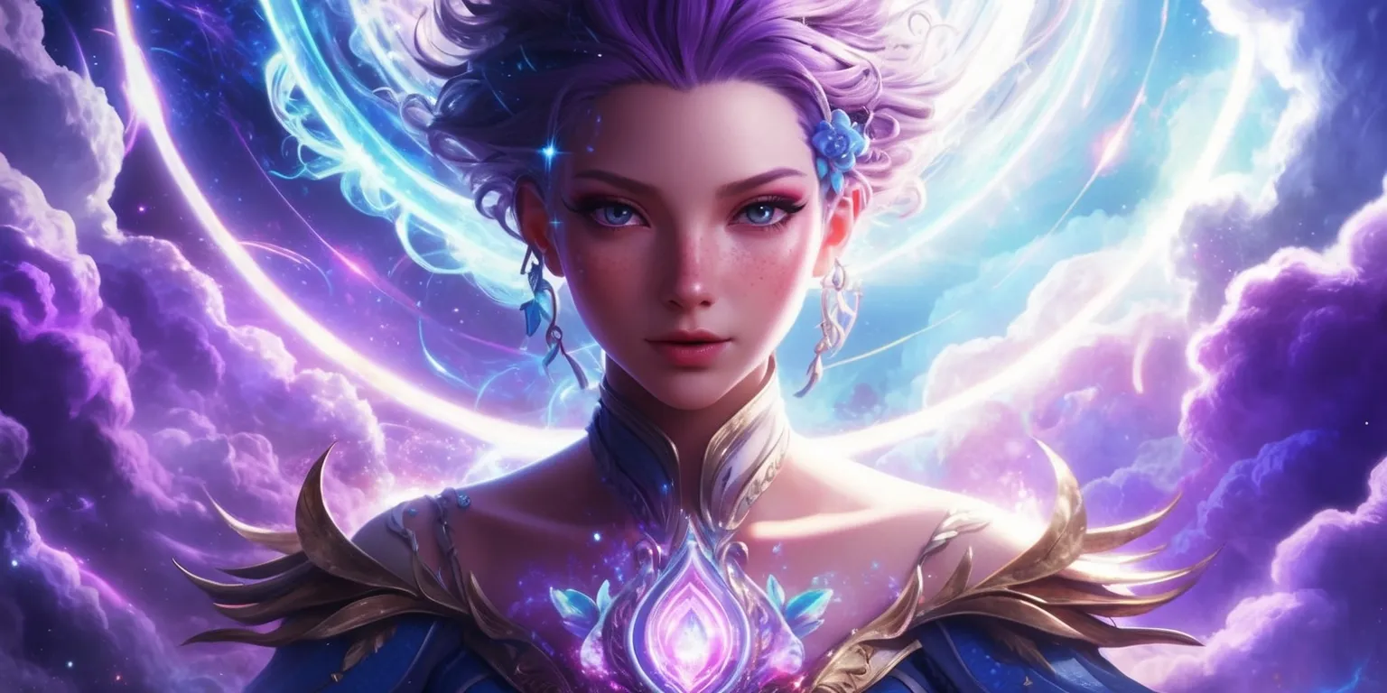 A mystical fantasy scene depicting a character from the Aura game, set against a vibrant celestial background with swirling clouds of purple and blue, illuminated by a bright radiant light, the character's aura is visible as a shimmering glow surrounding their body, with intricate details on their facial features, skin tone, and unique attributes, the atmosphere is filled with an otherworldly energy, and the overall style is reminiscent of a dreamlike, ethereal realm, with delicate lines and soft textures, the layout is balanced and harmonious, framing the character as the central focus of the image.
