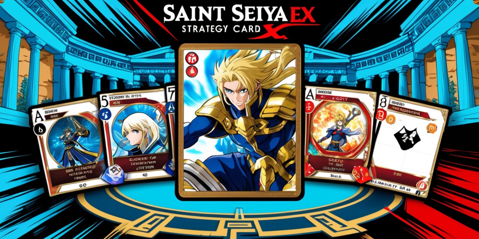 A vibrant illustration of a Saint Seiya EX strategy card game, featuring a central card with a dynamic pose of the main character, Saint Seiya, in full color, with his signature gold armor and blonde hair, set against a stylized background of ancient Greek architecture, incorporating various card game elements, such as a deck of cards, a playing mat, and several character cards with unique abilities and point values, all showcased in a dramatic and action-packed layout with bold lines, sharp textures, and a mix of bright colors, including shades of blue, red, and gold, with the game's logo, a stylized font with Greek letters, prominently displayed at the top.