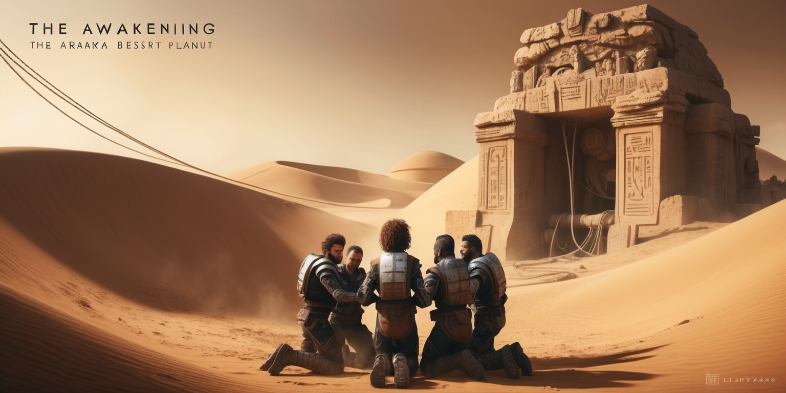 A futuristic, dusty scene depicting the Awakening game set in the Dune universe, with a warm, orange-brown color palette evoking the Arrakis desert planet, and a sense of foreboding, ancient technology, and mysticism. In the foreground, a group of characters, including Paul Atreides, with his piercing blue eyes and tousled, curly brown hair, and other Fremen fighters, with stillsuits, and worn, determined expressions, huddle together, gazing up at an ancient, mysterious, and ominous, worn stone structure, with intricate carvings, and hieroglyphics, set against a backdrop of massive, curved, sandy dunes, with wires, and machinery, visible beneath the surface, and a subtle, gradient, orange-yellow sky, with hints of smoke, and haze.