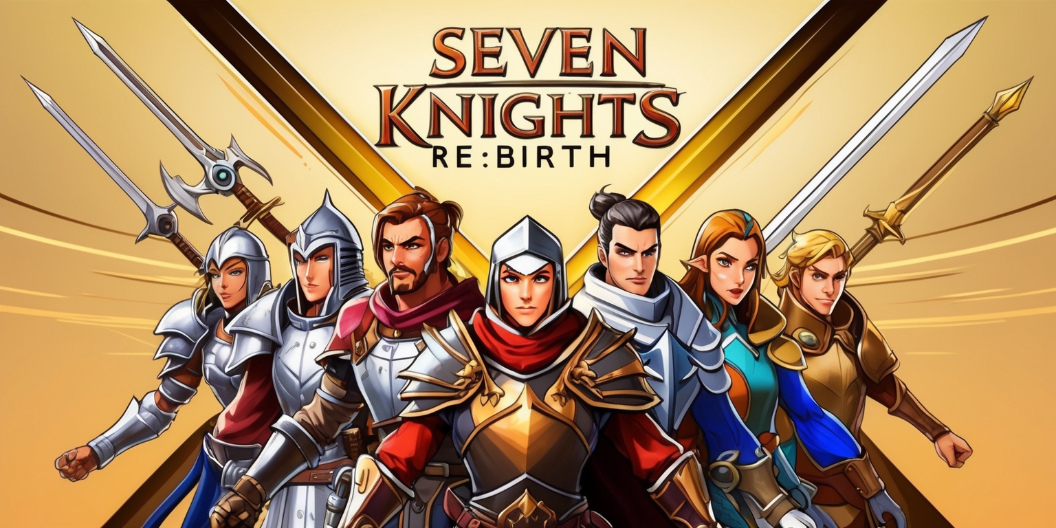 A vibrant and dynamic illustration of the Seven Knights Re:Birth game, featuring a V-shaped formation of seven heroic figures with distinct armor, weapons, and facial features, set against a warm, golden background with subtle gradient effects, intricate details, and bold lines, with the game's logo prominently displayed in a modern, sans-serif font with a metallic sheen, in a V-shape above the heroes, with each character having unique attributes, such as varying skin tones, hair colors, and expressive facial expressions, and the overall composition is balanced, with a sense of movement and energy, capturing the essence of the game's exciting and action-packed world.