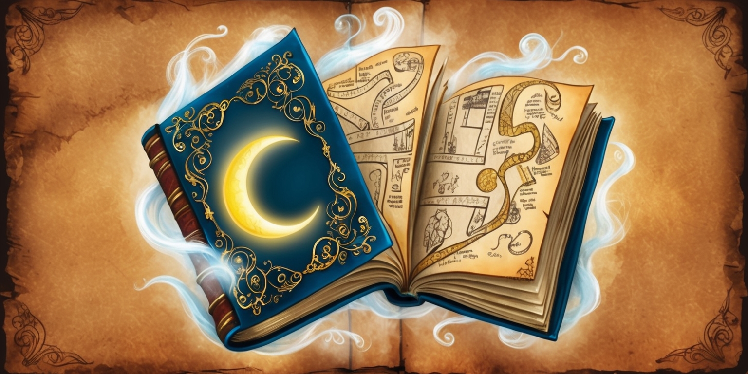 A whimsical illustration of a fantastical book, its cover adorned with golden filigree and a glowing, crescent moon, surrounded by swirling mist, as if plucked from a mystical realm, with pages that unfold like a labyrinth, revealing multiple pathways, each lined with intricate, hand-drawn maps, cryptic symbols, and whispered secrets, inviting the viewer to embark on a journey of discovery, where the borders of reality blur and the boundaries of imagination know no limits, set against a warm, rich background of aged parchment, infused with a sense of wonder, mystery, and adventure, evoking the feeling of holding a treasured, ancient tome.