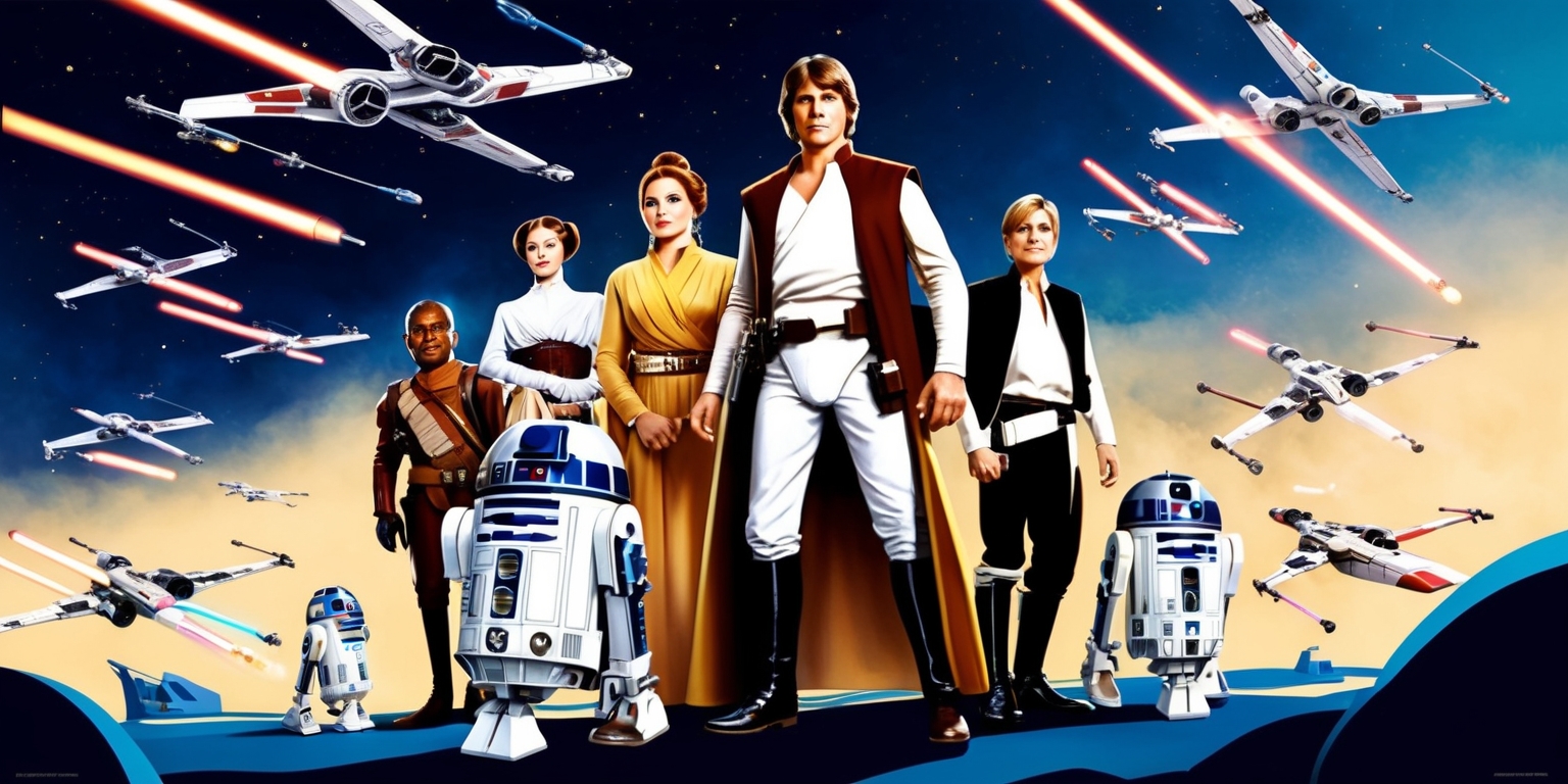 A vibrant, action-packed scene depicting iconic characters and spacecraft from the Star Wars franchise, set against a backdrop of deep blues and starry night skies, with bold, golden lighting highlighting the heroic trio of Luke Skywalker, Princess Leia, and Han Solo, each with distinctive facial features and attire, standing proudly alongside their trusty droids C-3PO and R2-D2, amidst a swarm of X-wing, Y-wing, and Millennium Falcon spaceships, with subtle, glowing lightsaber blades and blasters at the ready, evoking a sense of epic space battles and intergalactic adventure, rendered in a stylized, cinematic style with bold lines, dynamic composition, and a sense of movement and energy.