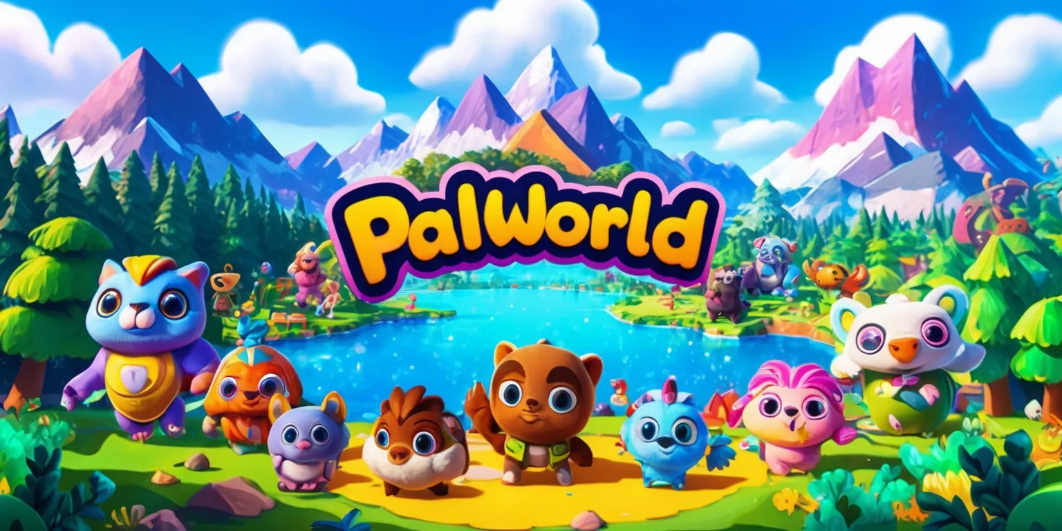 A vibrant and colorful digital artwork depicting the world of Palworld, a fantasy video game, with lush green forests, majestic mountains, and sparkling blue waters, featuring adorable and diverse Pals, creatures with unique attributes and facial features, set against a bright and sunny sky with fluffy white clouds, in a stylized and whimsical art style, with bold lines, intricate details, and a mix of pastel and neon colors, showcasing the game's distinctive characters, environments, and magical atmosphere, with a sense of adventure and wonder, in a landscape layout with a slight depth of field effect, highlighting the central Pals and their surroundings.