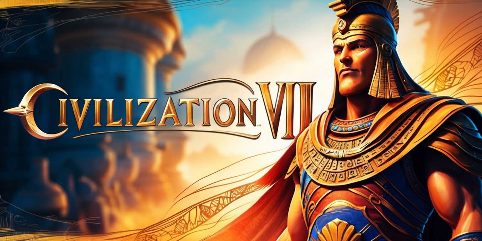 A stunning digital illustration of the Civilization VII game, set against a rich, atmospheric background with warm, golden lighting, evoking a sense of ancient wonder and discovery. The game's logo, emblazoned in bold, metallic gold font with elegant, curved lines, takes center stage, surrounded by intricate, hand-drawn designs reminiscent of ancient civilizations. The color palette is a vibrant blend of deep blues, fiery oranges, and golden yellows, with subtle texture and depth added through subtle shading and layering. In the foreground, a regal, imposing figure, possibly a historical leader or mythical hero, stands proudly, clad in ornate, ancient attire, with defined facial features, a strong jawline, and piercing eyes, set against a warm, sun-kissed skin tone. The overall style is a mix of realistic and fantastical elements, with bold lines, dynamic composition, and a sense of epic grandeur.