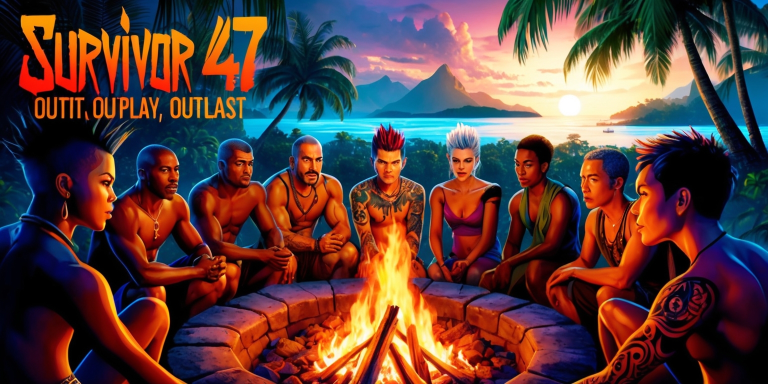 A dramatic and vibrant illustration of the Survivor 47 show, set against a scenic backdrop of a lush, tropical island with swaying palm trees and a blazing sunset. The castaways, diverse in age, gender, and ethnicity, are gathered around a burning fire pit, their faces lit up with intensity and determination. One contestant, a fierce-looking woman with short, spiky hair and a bold, colorful tattoo on her arm, stands out as a leader, her eyes fixed on the prize. The show's iconic logo, a bold, tribal-inspired design in orange and red, is emblazoned across the top of the image, while the tagline Outwit, Outplay, Outlast is written in a stylized, adventure-inspired font above the contestants. The overall mood is one of tension, competition, and survival.