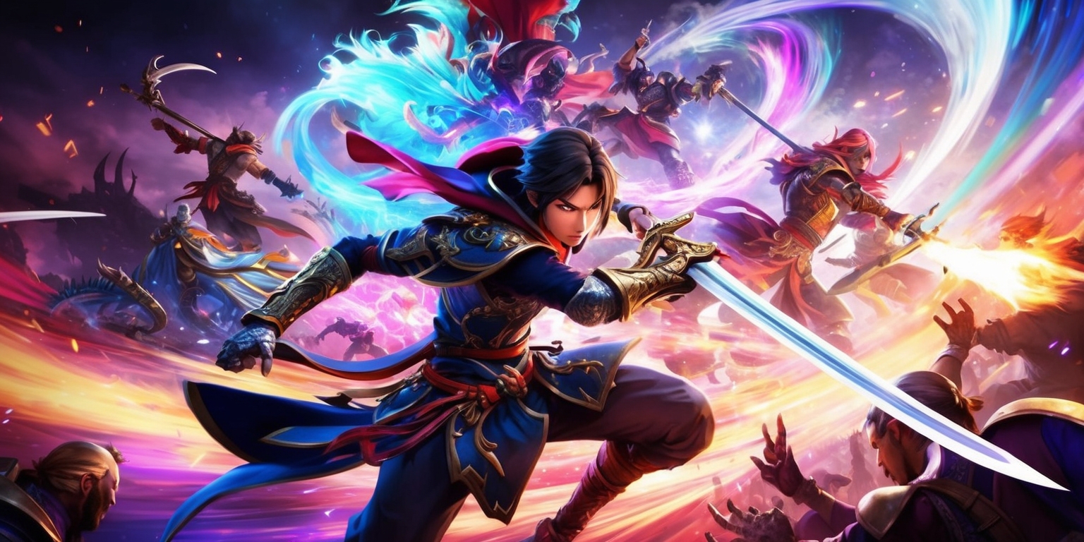 A vibrant and dynamic scene depicting a heroic protagonist in the midst of a fluid combat action RPG game, with intricate details and textures, set against a richly colored and atmospheric background, showcasing a mesmerizing blend of magic and martial arts, with the protagonist's sleek and agile character design, adorned with distinctive armor and wielding an elegant sword, surrounded by a whirlwind of enemies, and illuminated by a kaleidoscope of colors and lighting effects, with a focus on capturing the intensity and energy of the combat, and incorporating subtle visual cues and effects that enhance the overall sense of movement and dynamism.