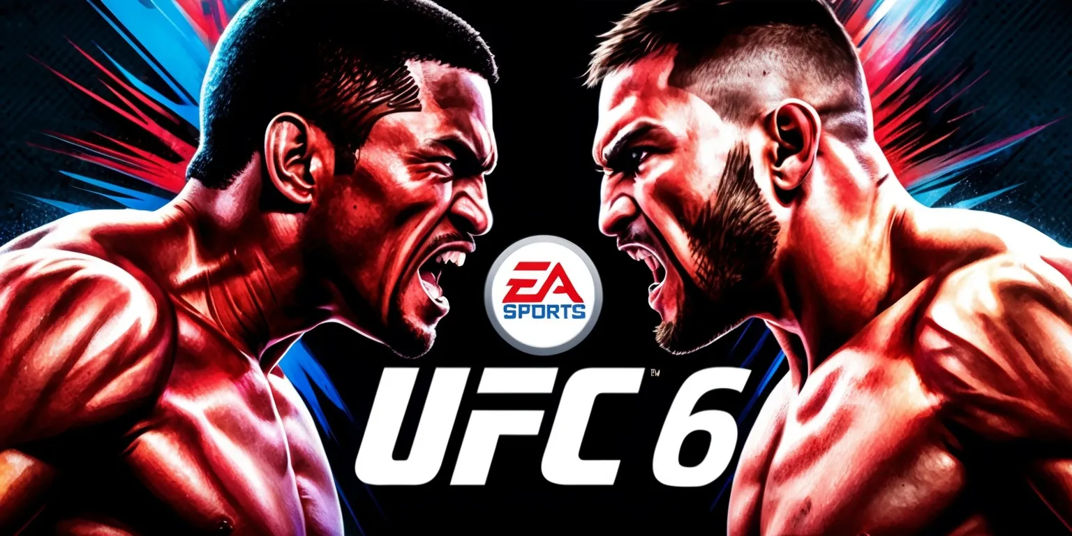 A realistic illustration of the EA Sports UFC 6 game cover art, featuring a dramatic scene with two fierce mixed martial artists facing off in the center, surrounded by vibrant colors and dynamic lighting, with the EA Sports logo prominently displayed in a bold, modern font at the top, and the UFC 6 title in a strong, uppercase font at the bottom, set against a dark background with a subtle texture, and the overall design radiating an intense, competitive atmosphere, with the fighters' muscular physiques and determined facial expressions taking center stage, their skin glistening with sweat and their eyes locked in a fierce stare.