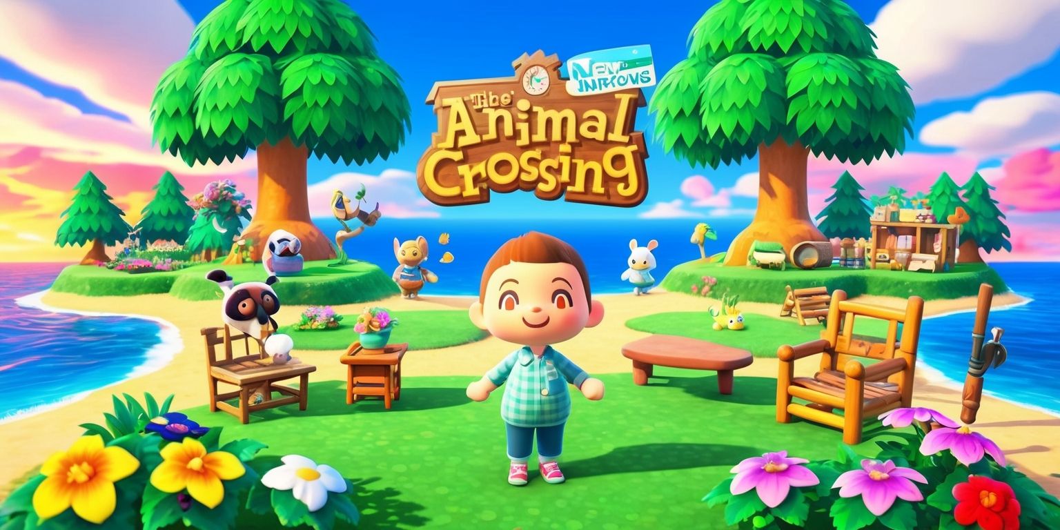 A vibrant and colorful digital illustration of the Animal Crossing: New Horizons game, featuring a character standing in front of a beautifully designed island getaway, surrounded by lush green trees, bright blue skies, and a variety of colorful flowers, with a few adorable animals roaming around, and a few iconic game elements such as a fishing rod, furniture, and decorative items, all rendered in a charming and whimsical style, with soft textures and delicate lines, and a warm and inviting atmosphere, set against a stunning sunset backdrop with hues of orange, pink, and purple, capturing the game's sense of relaxation and joy.