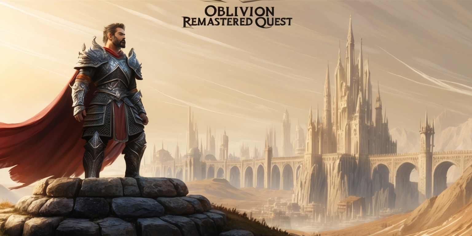 A breathtakingly detailed illustration of a fantasy world, depicting the concept of Oblivion Remastered quest, set against a warm, golden-hued sky with subtle, wispy clouds. In the foreground, a heroic figure stands atop a rugged, ancient stone pedestal, gazing out into the distance, with a determined expression on their strong-jawed face, adorned with a few days' worth of stubble. They wear intricately enchanted armor, complete with gleaming silver pauldrons and a flowing, crimson cape, billowing behind them. In the background, a sprawling medieval cityscape unfolds, with towering spires and grand, ornate bridges, surrounded by a mystical, shimmering aura. The entire scene is bathed in a soft, ethereal light, with subtle, nuanced shading, evoking a sense of wonder and adventure.