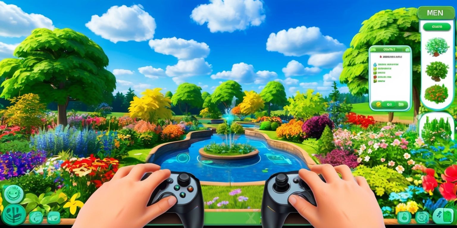 A vibrant and immersive virtual gardening game scene with a stunning garden landscape set against a clear blue sky with fluffy white clouds, featuring a variety of colorful flowers, lush green trees, and serene water features, with a user interface that includes intuitive gardening tools and a menu system, displayed on a high-definition computer screen with a sleek and modern design, incorporating a mix of realistic and stylized graphics, and a user's hands visible in the foreground, interacting with the game using a controller or mouse, with a sense of depth and dimensionality, and a overall sense of tranquility and wonder, inviting players to explore and nurture their virtual garden.