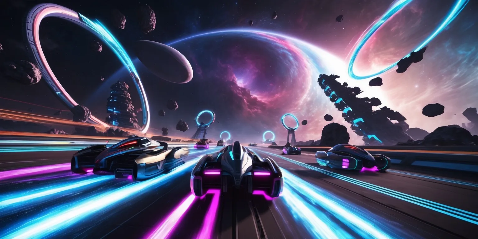 A dynamic galactic racing game scene featuring sleek futuristic hovercrafts and starships speeding along a glowing anti-gravity track through deep space. The racers weave between luminous energy gates, asteroid fragments, and towering planetary rings, with vibrant neon blue, violet, magenta, and cyan engine trails illuminating the metallic vehicles. A massive colorful nebula, distant galaxies, and scattered stars fill the background, creating a sense of immense scale and speed. Dramatic perspective, low-angle framing, intense motion blur, reflective surfaces, cinematic lighting, high-detail science-fiction design, polished arcade video game aesthetic, energetic composition, and a clear racing circuit leading toward the horizon.