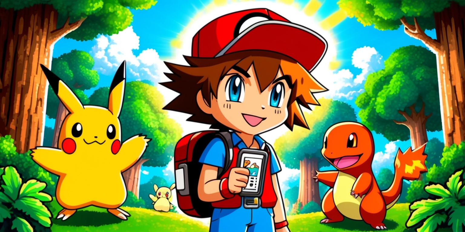 A vibrant and colorful illustration of a classic Pokémon game scene, featuring a young trainer with bright blue eyes and messy brown hair, wearing a red hat and holding a Pokédex, standing in a lush green forest surrounded by tall trees and wild Pokémon such as a curious Pidgey and a playful Charmander, with a warm sunlight casting a soft glow, in a stylized pixel art style reminiscent of the iconic Game Boy games, with bold lines, rounded shapes, and a subtle texture, set against a bright blue sky with fluffy white clouds, showcasing the sense of adventure and exploration of the beloved Pokémon franchise.